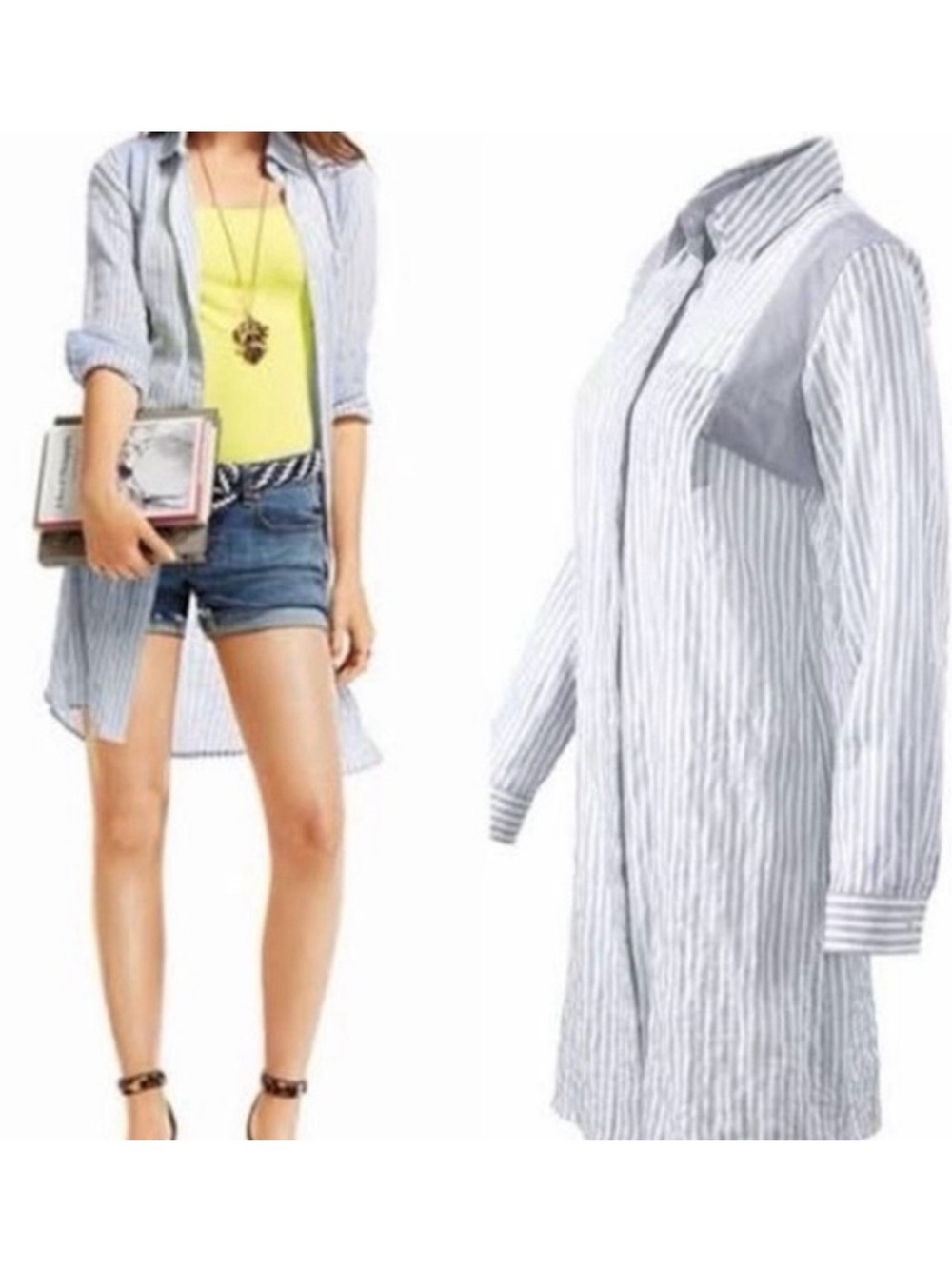 CAbi Longline Striped Button-Up Shirt/dress - Blue/White